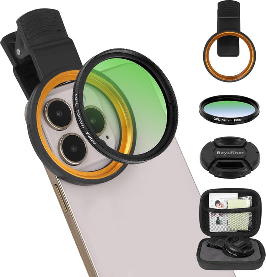 52MM CPL Filter for Phone, Clip-on Circular Polarizing Lens, HD Multi-Coated Optical Glass, Camera Lens Filter Kit Compatible with iPhone 16 15 14, Samsung, Google Pixel and Other Smart Phones