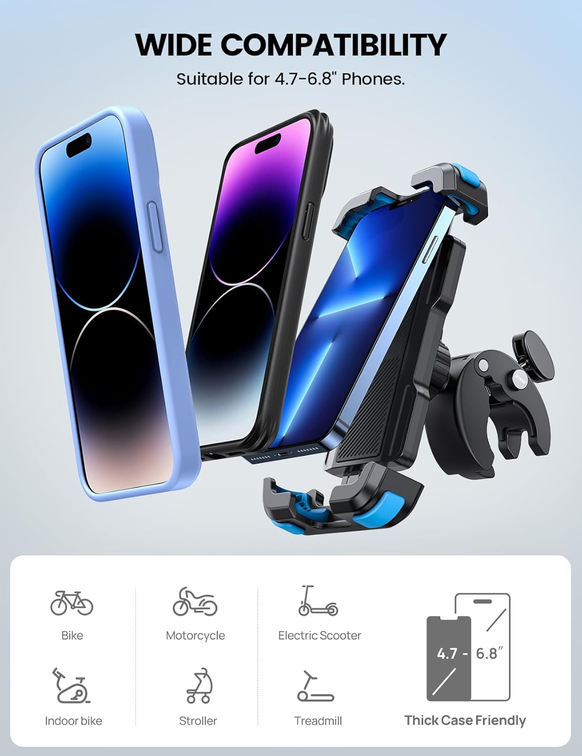 Lamicall Motorcycle Bike Phone Mount - Upgrade Quick Install Handlebar Holder Clip for Bicycle Scooter, Cell Phone Clamp for iPhone 15 14 13 Pro Max, Galaxy S24 and More 4.7-6.8" Phone, Blue