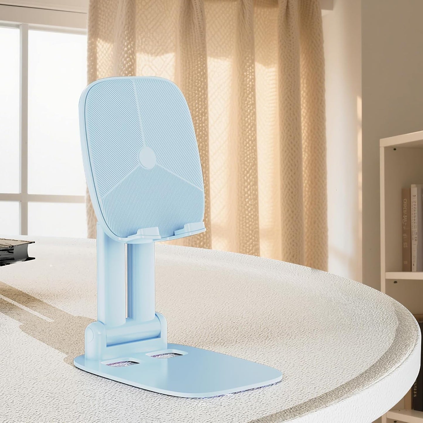 DEERLAMN Cell Phone Stand for Desk, Height Adjustable Cell Phone Holder Portable Desktop Stand, Travel Home Office Desk Accessories Compatible with iPhone 16/15/14/13/12/11 All Smartphone - Light Blue