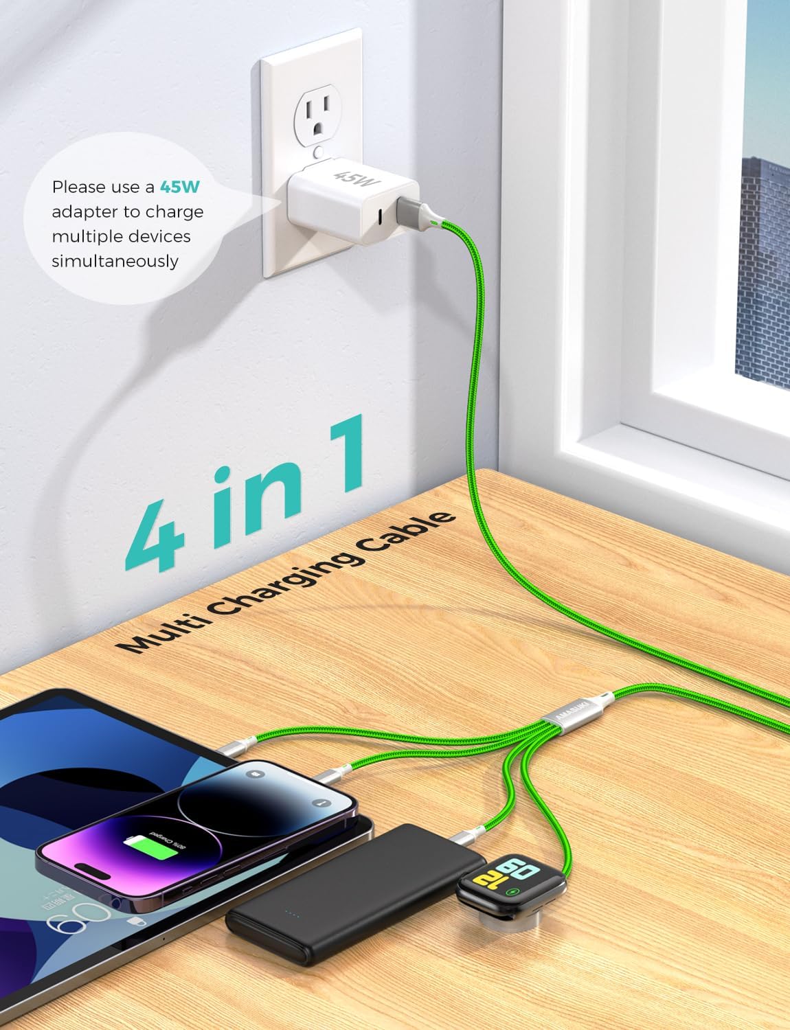 Travel Essentials Multi Charging Cable for Watch Charger 4 in 1 Fast Charger Camping Essentials USB C/L/Micro Compatible with Watch Series 10-1/SE/Ultra Phone 16 15/Galaxy Android-4FT/Green