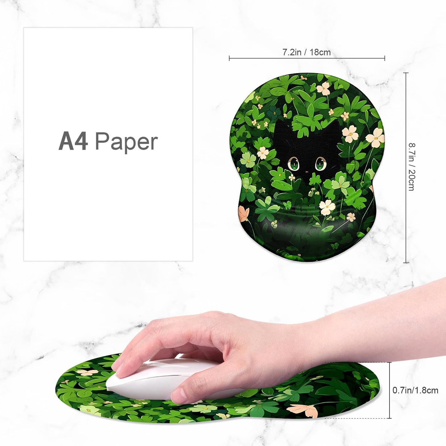 ITNRSIIET Ergonomic Mouse Pad with Gel Wrist Support Small Wrist Rest Smooth Surface Non-Slip PU Base Comfortable Office Supplies Pain Relief, 8.7 x 7.2 inches, Green Leave Cat