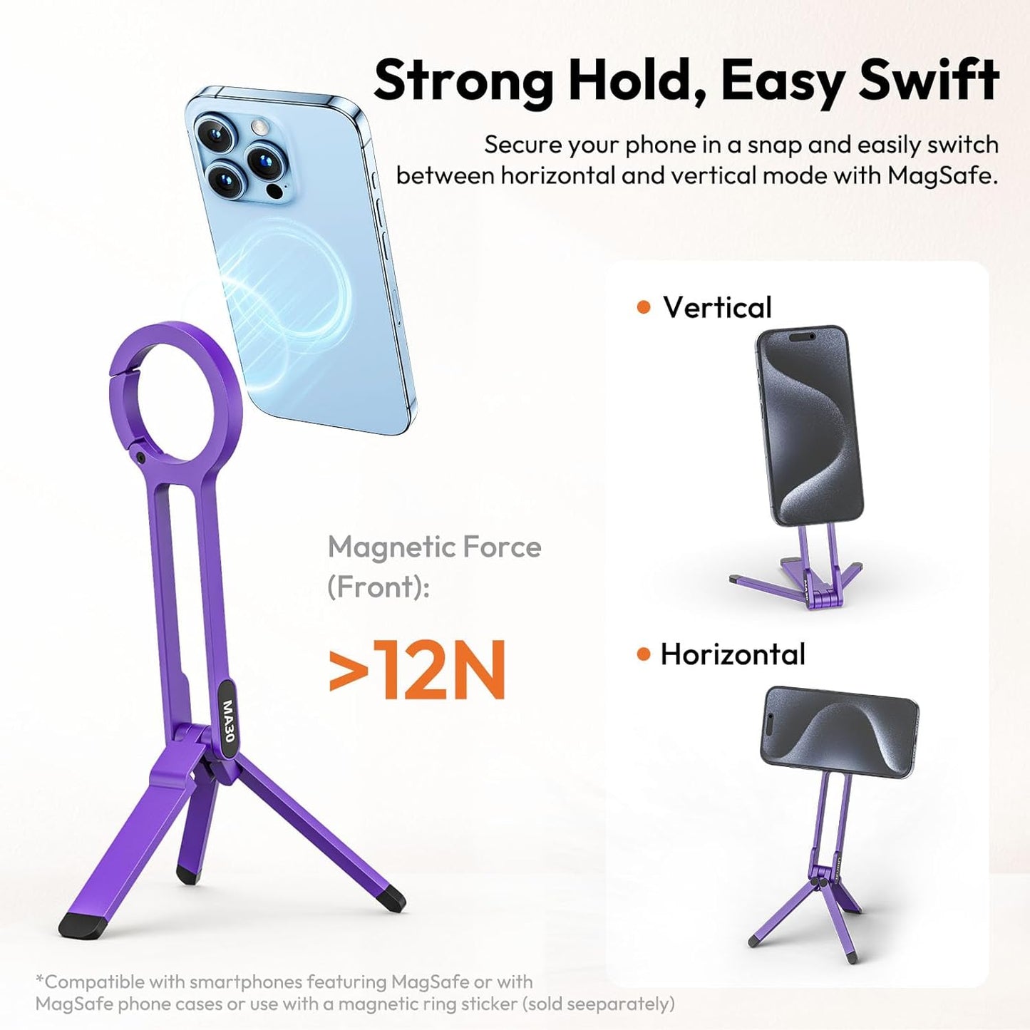 ULANZI MA30 Magnetic Phone Tripod Stand for iPhone - Aluminium Maglock Smartphone Mini Tripod Pocket Cell Phone Stand Strong Magnet Quick Mount Compatible with iPhone 16 15 14 13 12 Series, Purple