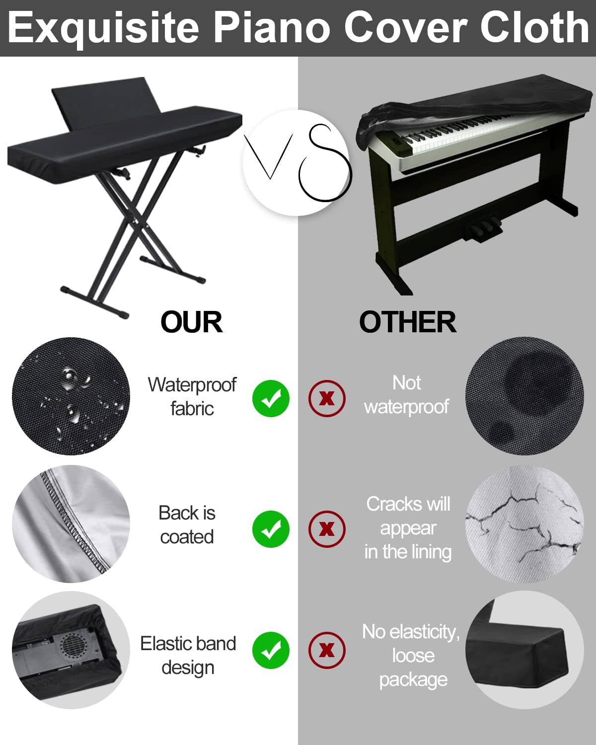 Elastic Lock Music Keyboard Dust Protector Cover - Water Proof, Stretchy, Full for Digital Pianos, Full Cover Elastic Lock Music Protector Case (88 Keys, Black)