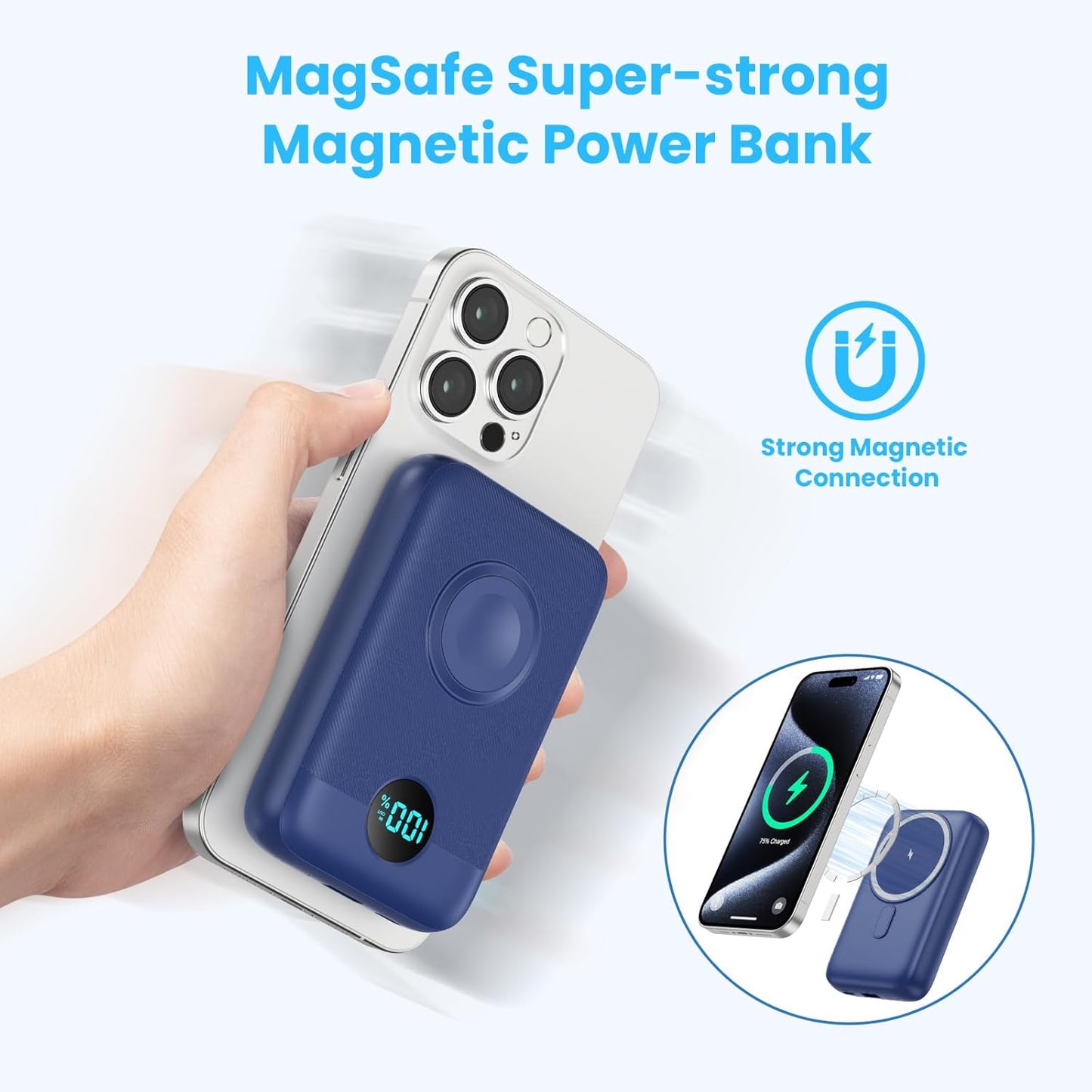 Magnetic Portable Charger 10800mAh,4-in-1 Wireless Power Bank with iWatch Charger, QC4.0+20W PD Fast Charging USB C Battery Pack with LCD Display for Magsafe,iPhone 16/15/14/13/12,Apple Watch (Blue)