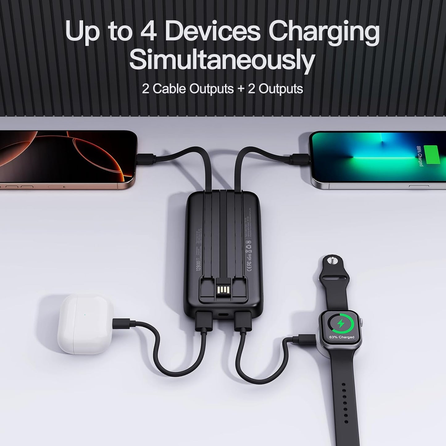 2025 Portable Charger with Built in Cables, 12800mAh Travel Essential Battery Pack, 4 Outputs 2 Inputs Slim Power Bank with Cord Wires Compatible with iPhone,Samsung,Android (2 Pack)