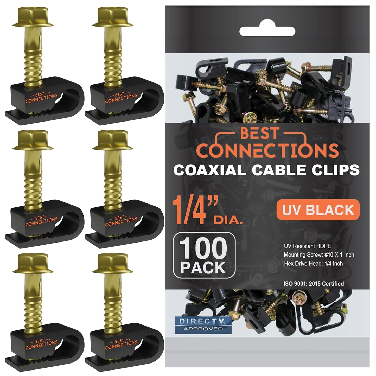 BEST CONNECTIONS Coaxial Cable Clips with Pre-Inserted Screw (100 Pack) – Black Single Cable Mounting Clamps for Coax Cable (RG6, RG59) and Ethernet Cable – Cord Fastener/Strain Relief Clip