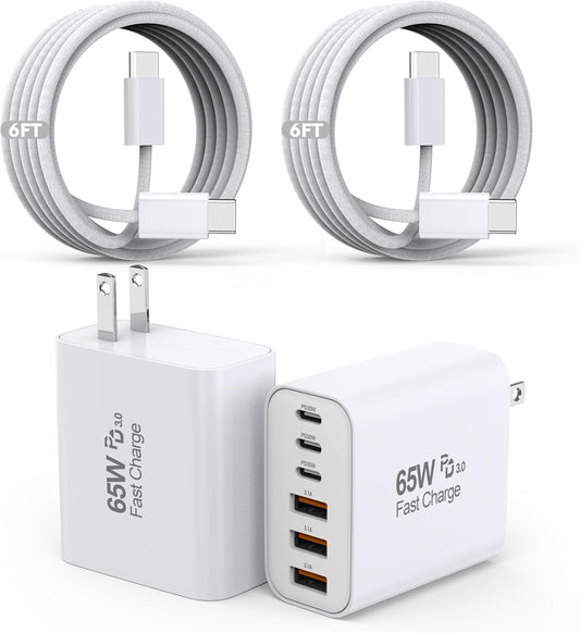 65W USB C Charger Block, 2Pack 6-Port Fast Charging Block with 6ft Long TypeC to TypeC Woven Cable Cord, Multiport Plug, USB C Power Adapter for iPhone 16/16e/16 Pro/16 Pro Max/16 Plus/15,iPad,AirPods