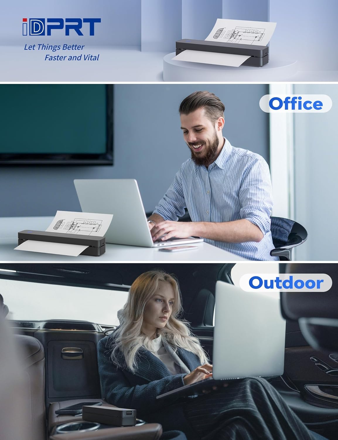 Portable Thermal Printer for Travel - 300DPI Mobile Inkless Printers, Wireless Small Printer for Home Use, Office, Vehicles, Bluetooth Printers Supports 8.5" x 11" US Letter & A4 & A5 Size, Black