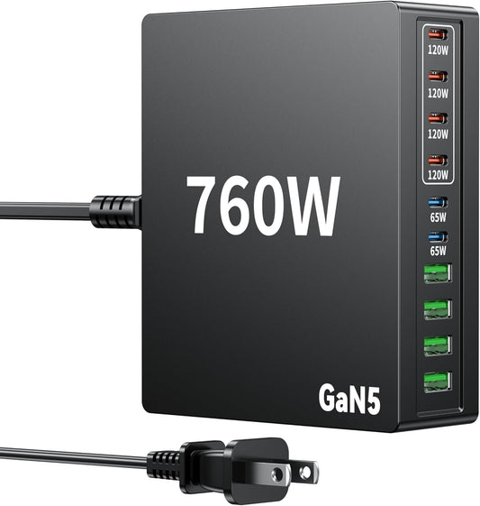 760W USB C Charger Block,10 Port Fast Charging Station Hub Brick PD 100W Gan Charger for DELL HP MacBook Pro/Air/All iPad iPhone 17/16 15/14/13/Pro Max/Samsung Galaxy Note