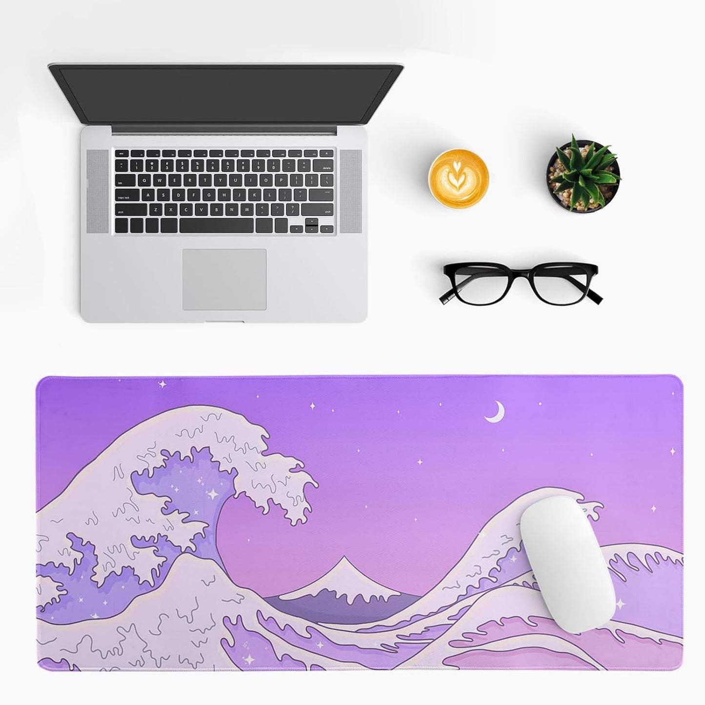 Purple Japanese Sea Wave Gaming Mouse Pad - Large Desk Mat with Non-Slip Base and Stitched Edge for Gaming and Office - 31.5x11.8 Inch