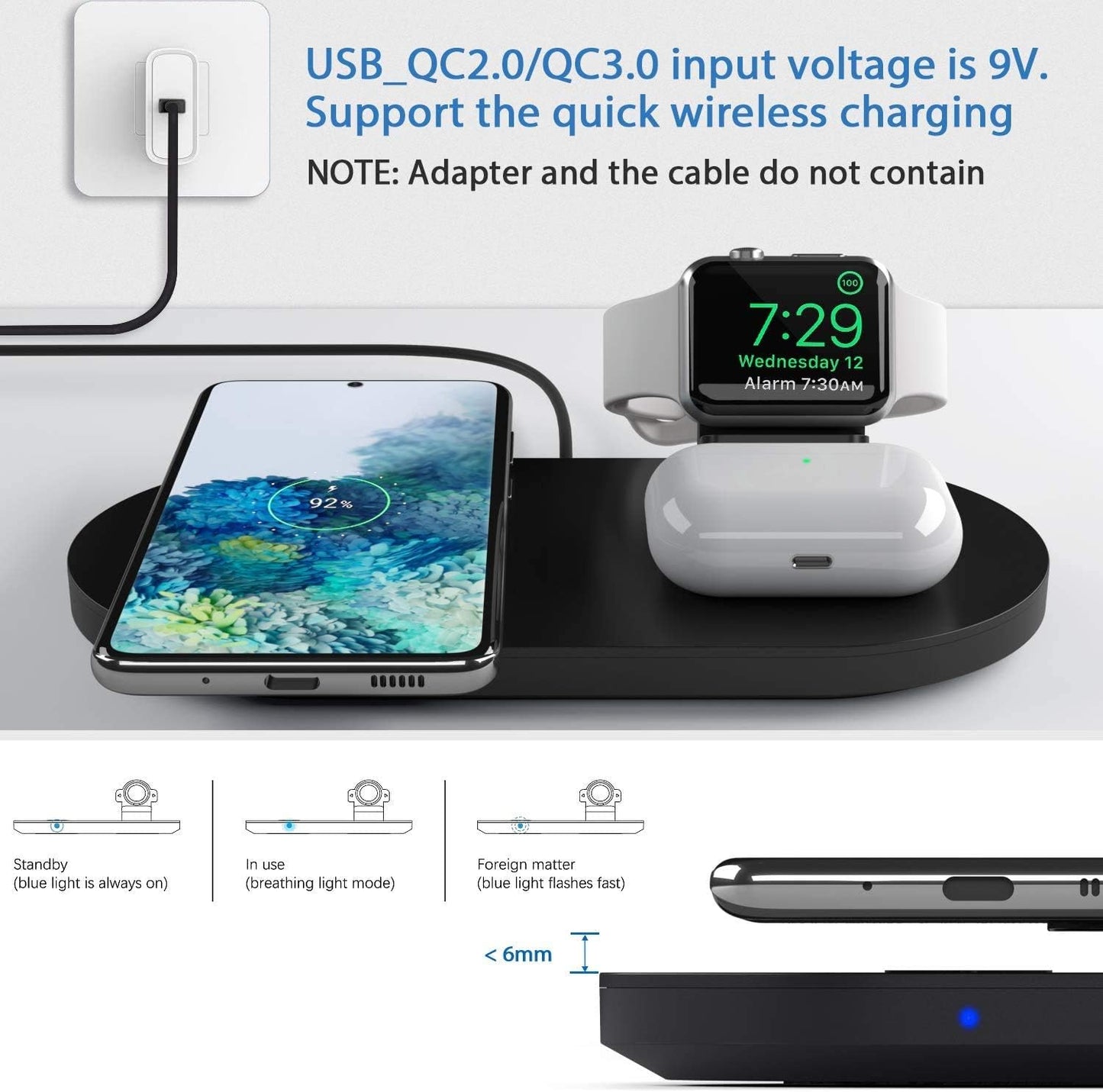 Seacosmo Wireless Charger, 3 in 1 Qi-Certified Fast Charging Station Dock for iPhone/for Samsung, for Airpods 2 3, Nightstand Docking Station for iWatch Series (Exclusive of for iWatch Cable), Black