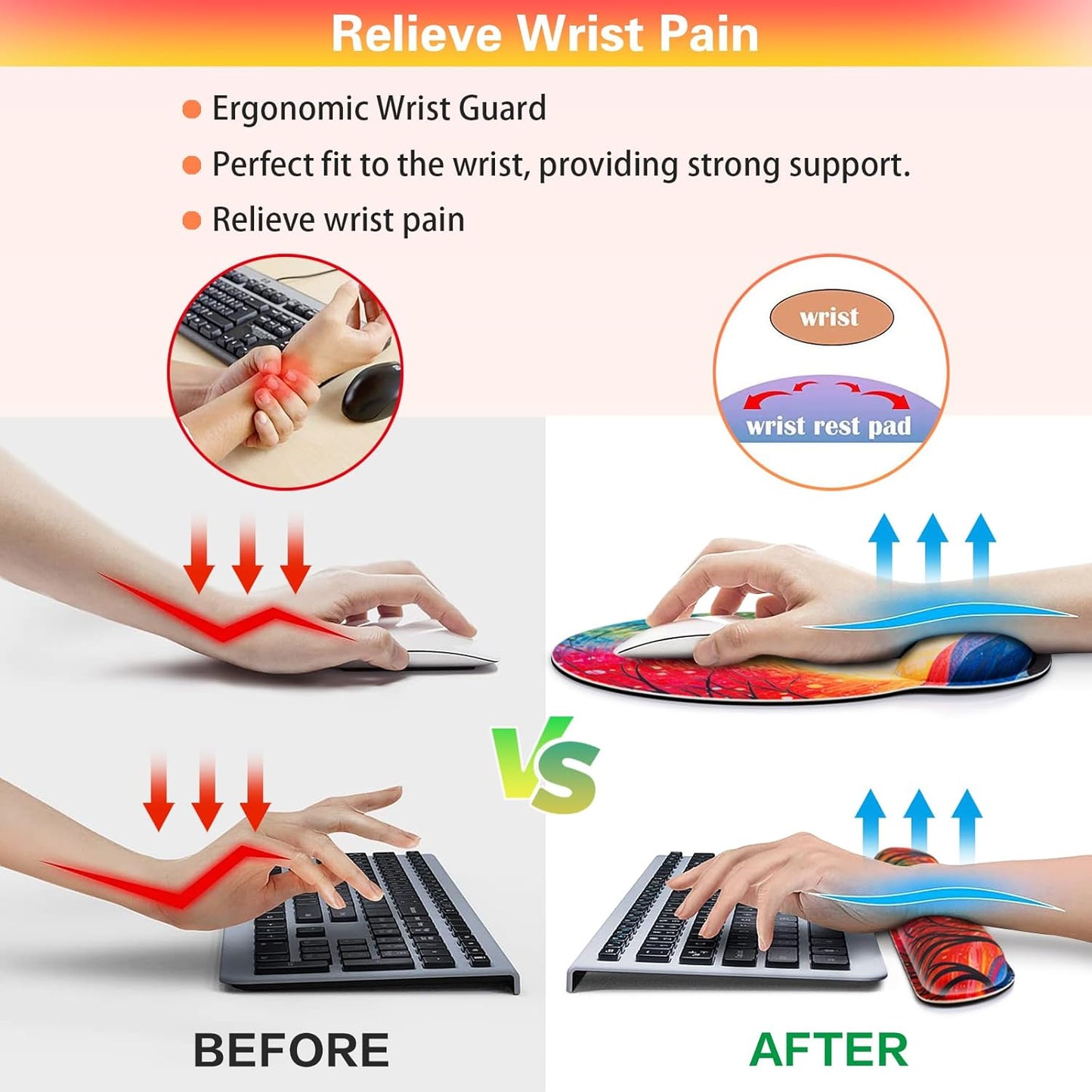 Mouse Pad with Wrist Rest Cute Black Cat Set,Qomolama 3-in-1 Wrist Support Mouse Pad Set,Gaming Mousepad with Anti-Skid Base,Ergonomic Mouse Pad,Memory Foam Keyboard Gel Wrist Rest Anime