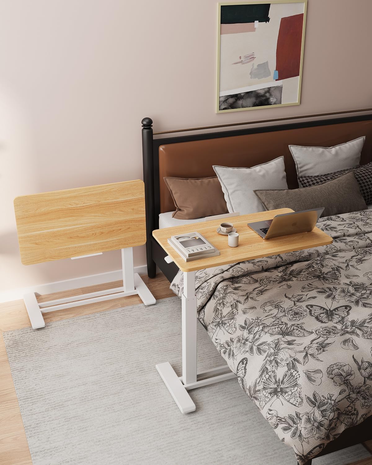 FLEXISPOT H7 PRO Mobile Standing Desk Adjustable Overbed Table Pneumatic with Wheels 90°Tiltable Portable Laptop Desk Rolling Computer Cart Foldable Bedside Table(27.6" W x 15.7" D, Maple)