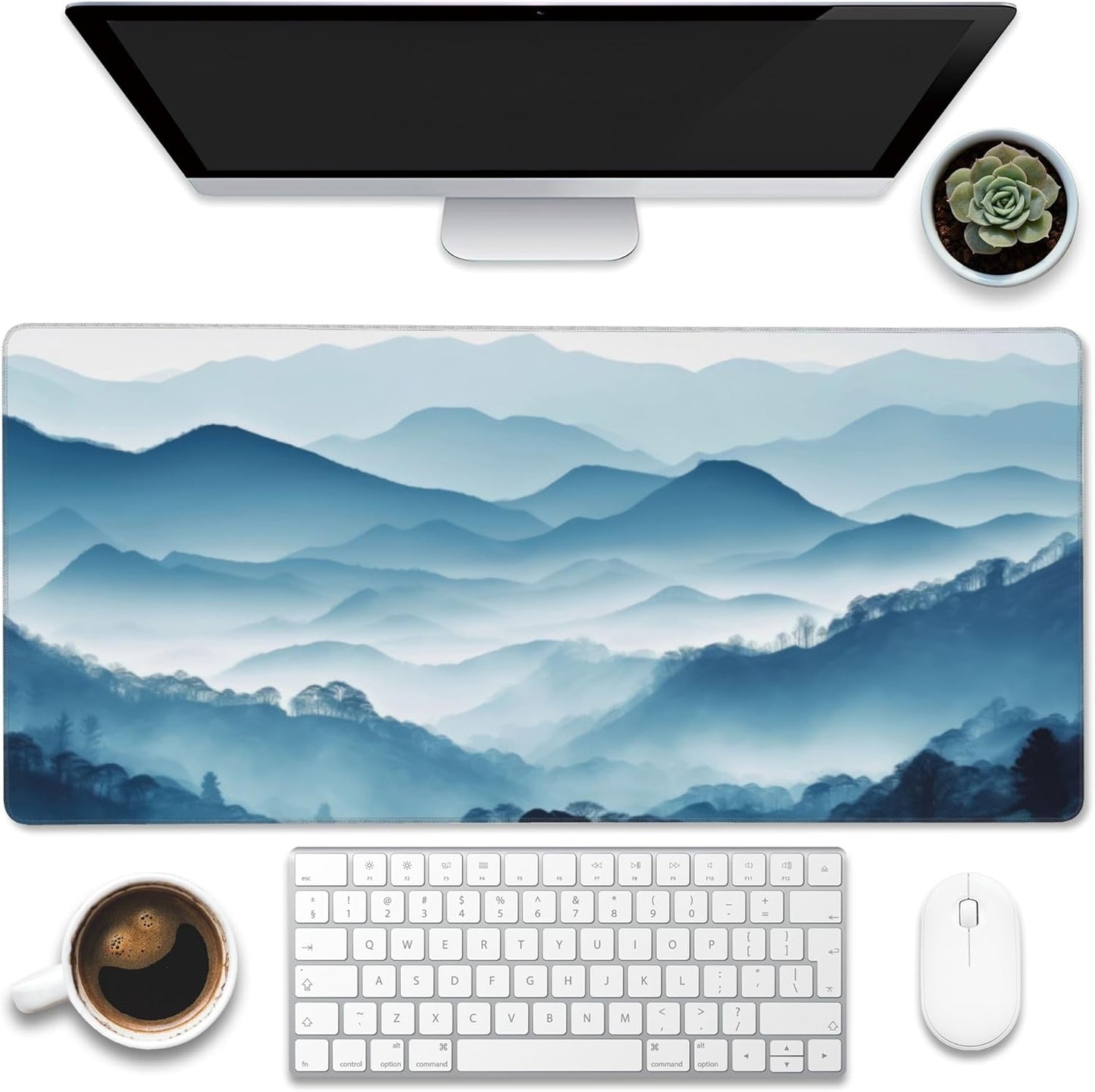 Large Gaming Mouse Pad, Mountain Desk Mat, Misty Forest Mountains Desk Pad, Extended Big Computer Keyboard Mouse Pad with Non-Slip Base and Stitched Edge, 35.4"x15.7"