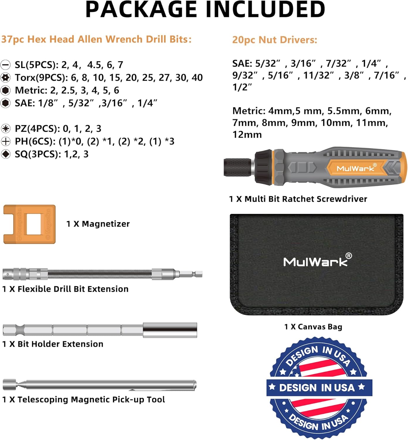 MulWark 63PC Magnetic Ratcheting Screwdriver Bit Set - Multibit Screw Driver with Screwdriver Bits Including Slotted, Torx, Hex, Pozi, Philips, Square; Nut Driver Set for SAE and Metric