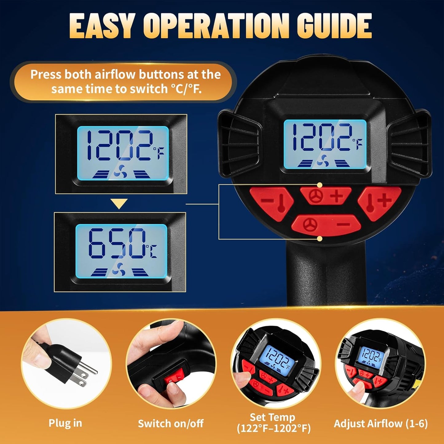 TECKWRAP Heat Gun 2000W with LCD Display, Adjustable Hot Air Gun for Vinyl Wrap, Shrink Wrap, Paint Removal & DIY Crafts (122–1202°F)