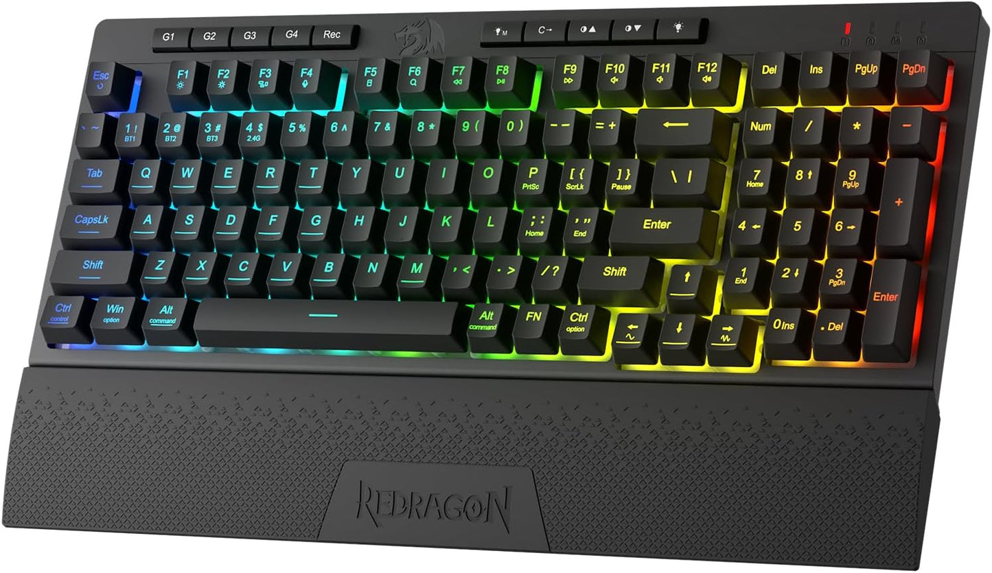 Redragon K515 PRO Shiva RGB Wireless Membrane Gaming Keyboard, 98 Keys Mechanical-Feel Keyboard w/Smooth Linear Switch, On-Board Macro & Multimedia Keys, Detachable Wrist Rest, Software Supported