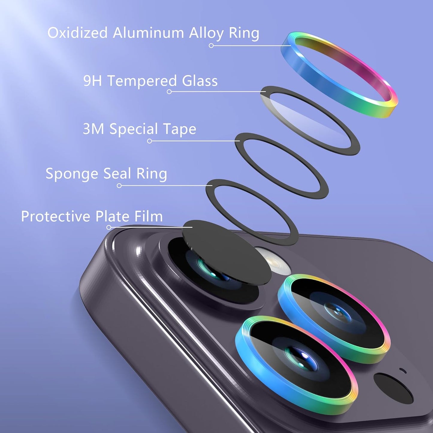 AGVEE 3+3 6 Pack for iPhone 14 Pro 6.1" / 14 Pro Max 6.7" Camera Lens Cover Protector, Metal Ring 9H Tempered HD Glass Camera Cover Protector Film, Purple