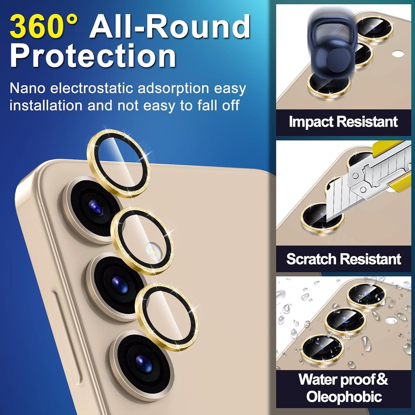 for Samsung Galaxy S25 Plus Camera Lens Protector, Individual Metal Ring Tempered Glass Lens Cover, [Strong Adsorption] Scratch Resistant Ultra-Thin HD Clear Lens Cover, 1 Set-Gold Sparkly