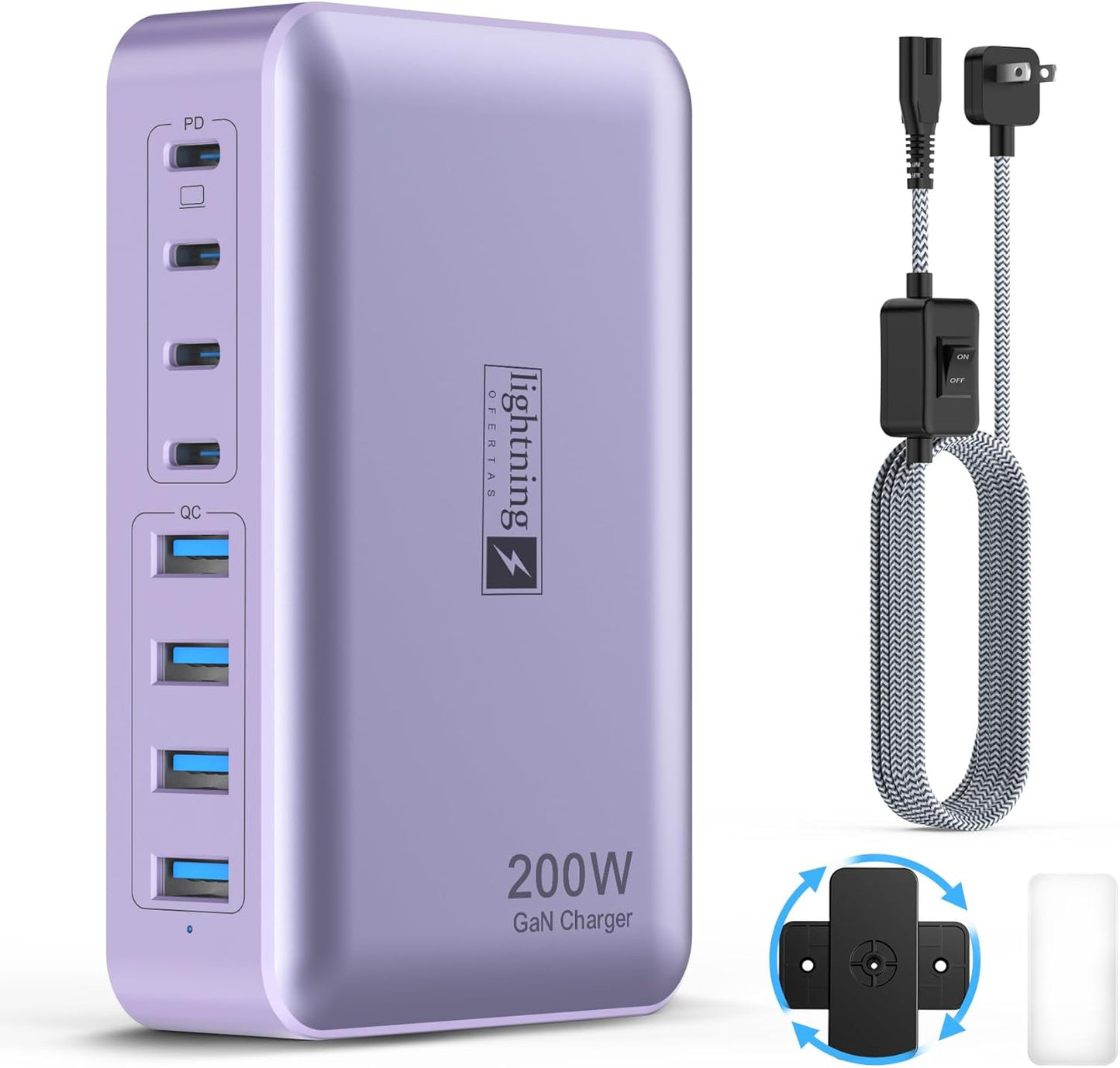 8-Port Type C Fast Charger Block 200W with Flat Plug, Braided Power Cord, and On/Off Switch- USB Charging Hub for iPhone, iPad, MacBook and More- 65W C Port Power Adapter for Laptops