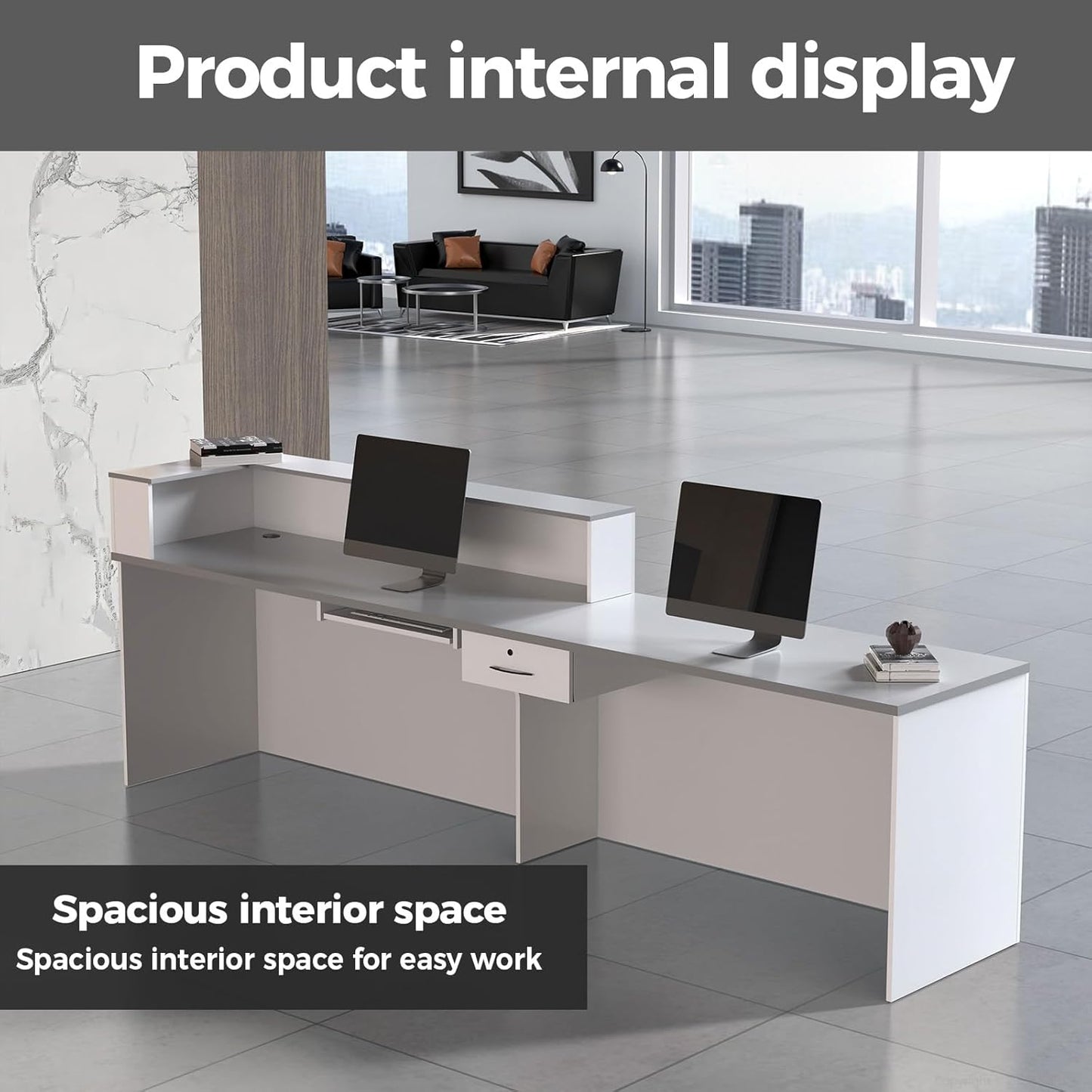 Reception Desk with Counter, Modern Front Desk Reception Counter with Keyboard Tray, Lockable Drawer and Storage Shelves for Office, Retail, Salon(White+Gray/Left, 63" L*24" W*39" H)
