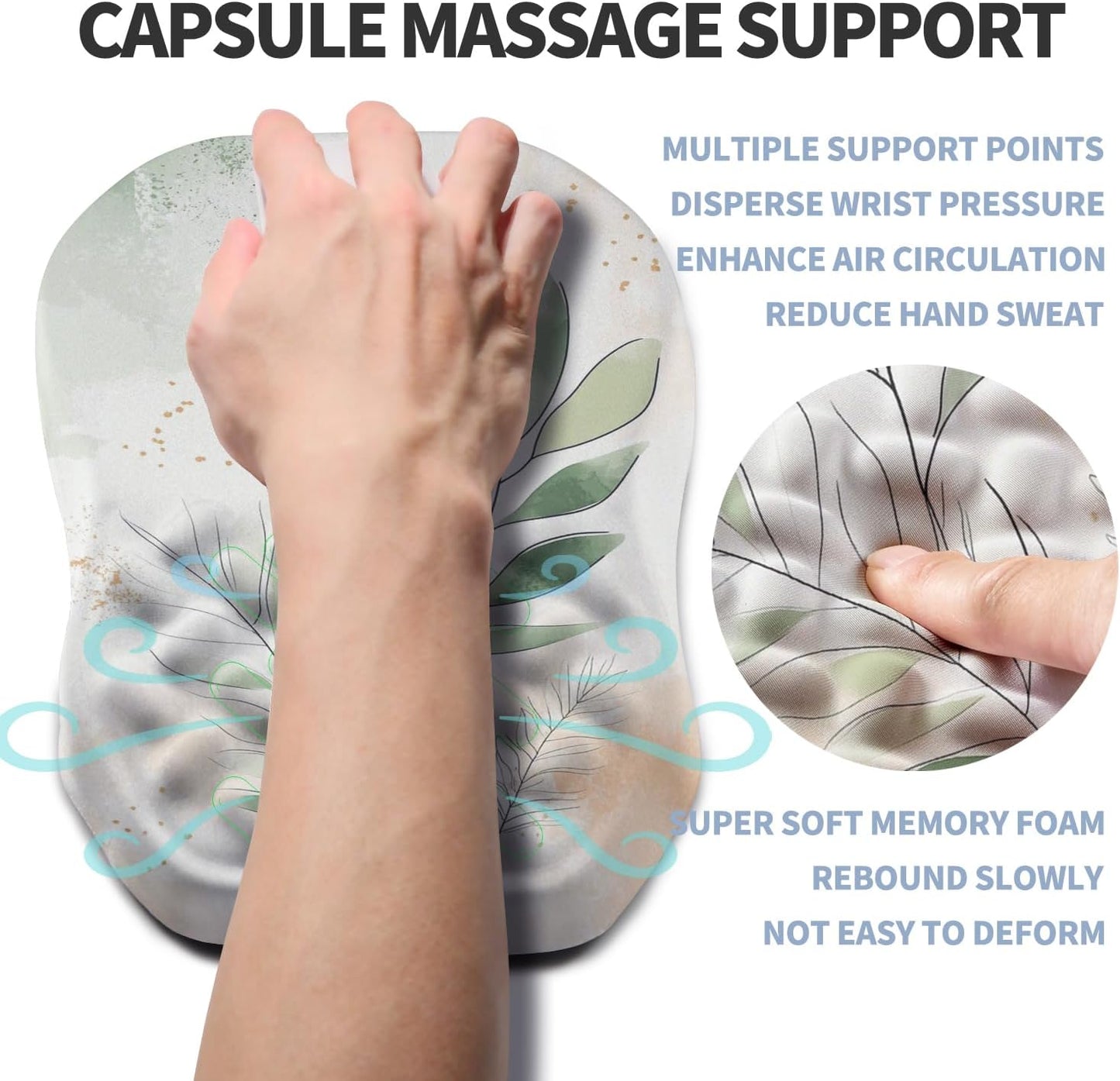 Ergonomic Raised Mouse Pad Wrist Support with Bilateral Slope Memory Foam Mousepad for Wrist Rest and Carpal Tunnel Pain Relief 11.8x7.9〃 Green Leaf