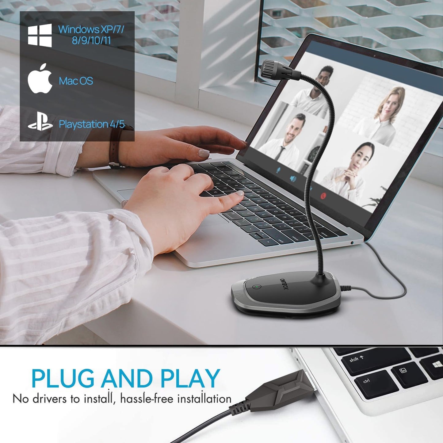 CMTECK USB Computer Microphone, Plug &Play Desktop Omnidirectional Condenser PC Laptop Mic, Mute Button with LED Indicator, Compatible with Windows/Mac, Ideal for YouTube, Skype, Recording (Gray)