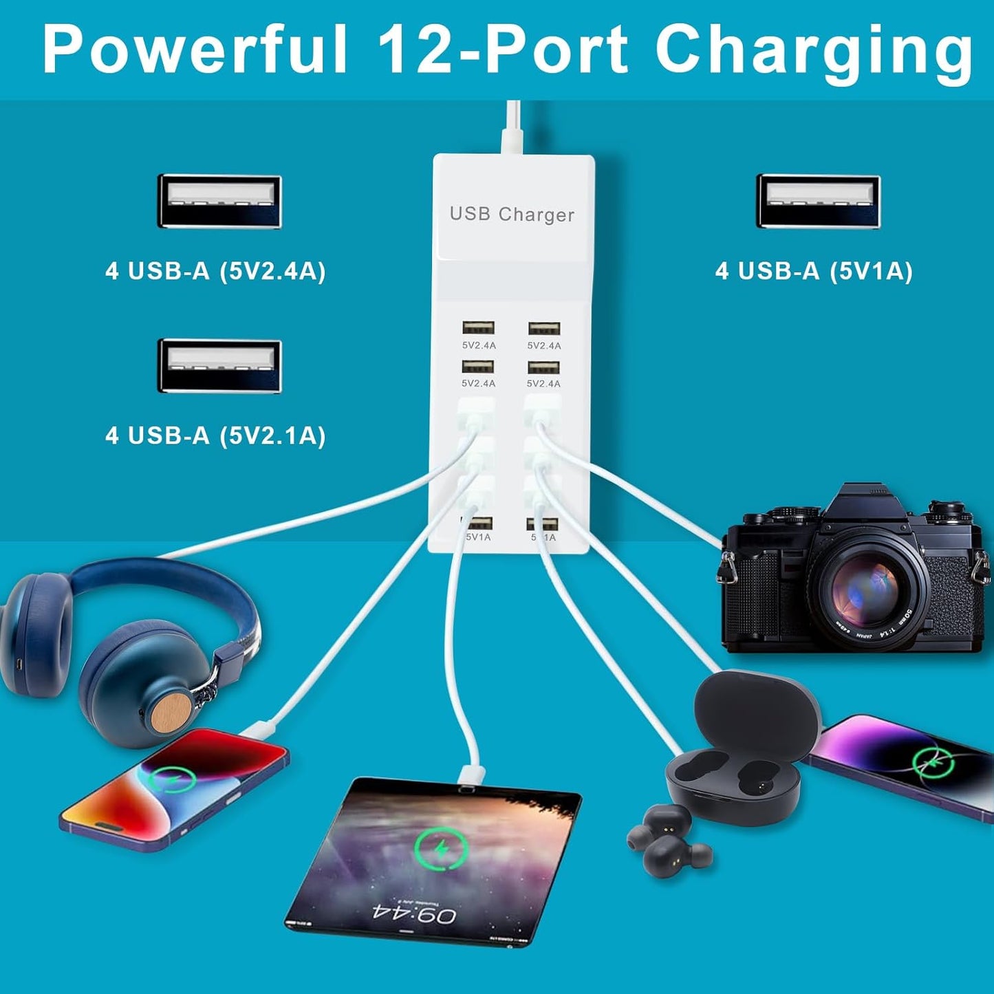 Multiple USB Charger Station 12 multiport Charger Station Hub with Fast Charging Wall Charger for Multiple Devices USB Charging Port Compatible with Cell iPhone Android Smartphone Smart Watch