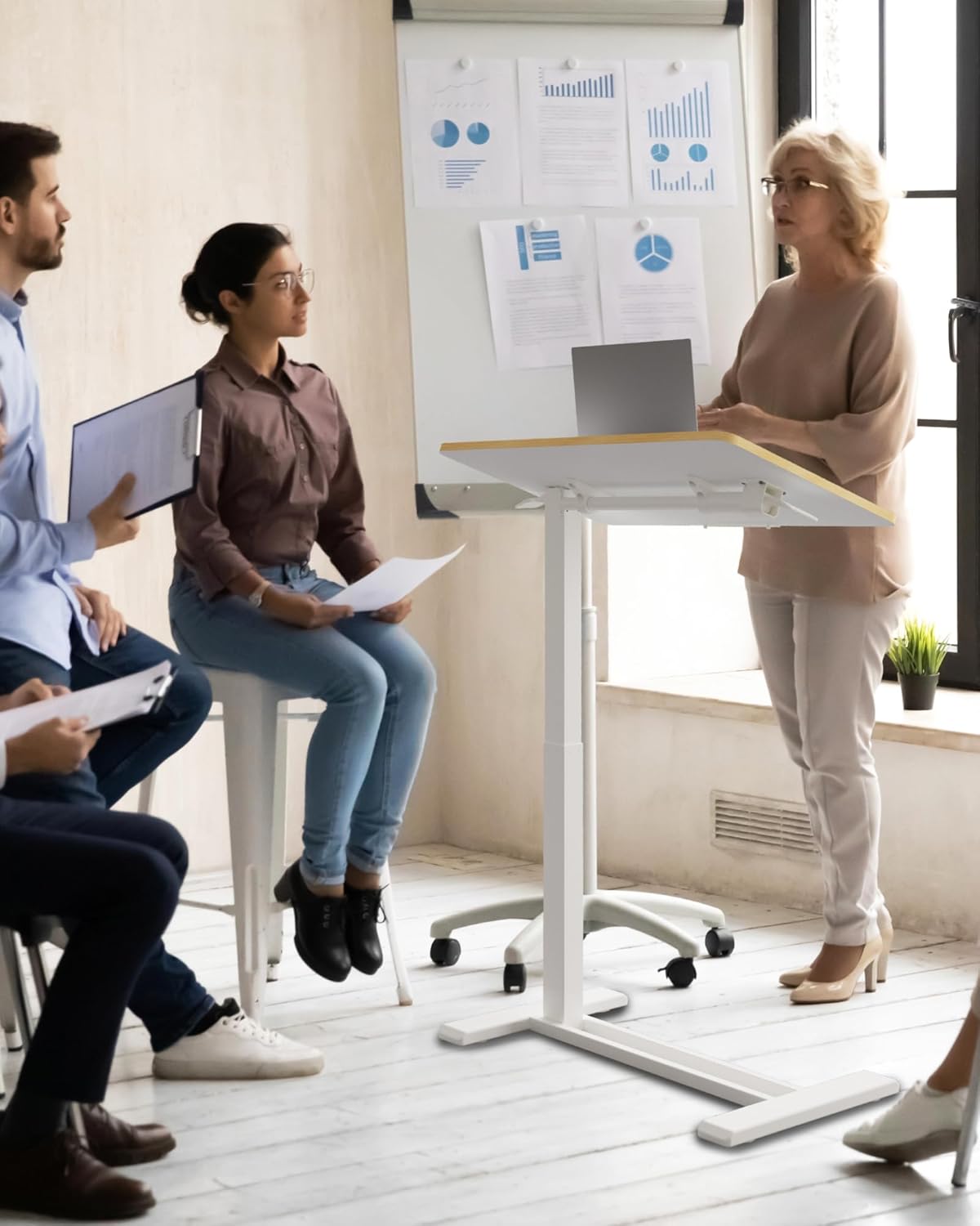 SANODESK Medical Adjustable Overbed Bedside Table with Casters 90° Tilt Top Pneumatic Mobile Rolling Laptop Computer Standing Desk Cart with Tray, Hospital and Home Use(31.5" W x 17.7" D, Maple)