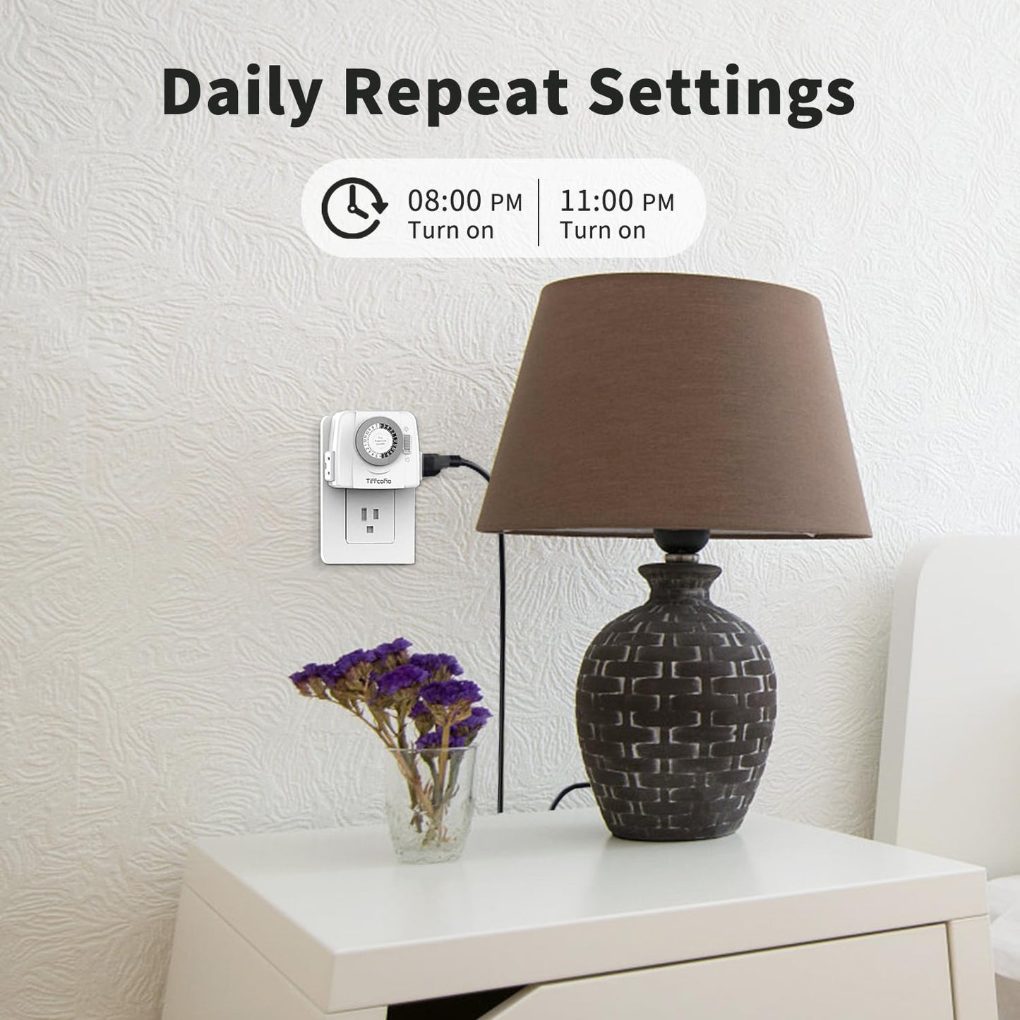 TiFFCOFiO Indoor Mechanical Light Timer, 3 Prong Plug in Outlet Timer, 2 Grounded Outlets for Indoor Lightings, ETL Listed