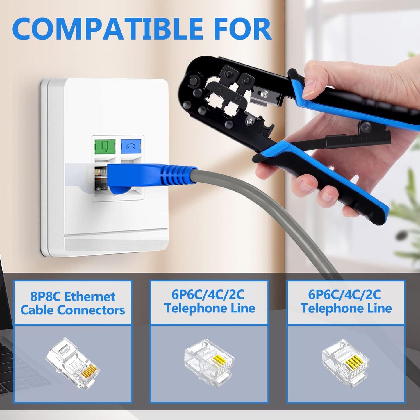 Delgada RJ45 Ethernet Crimping Tool kit,4in1 Professional Cutter Stripper Network Crimper for RJ-11,6P/RJ-12,8P/RJ-45 Crimp,with 20pcs Cat5 Cat5e RJ-45 Connectors-20PCS Covers-1 Network Wire Stripper