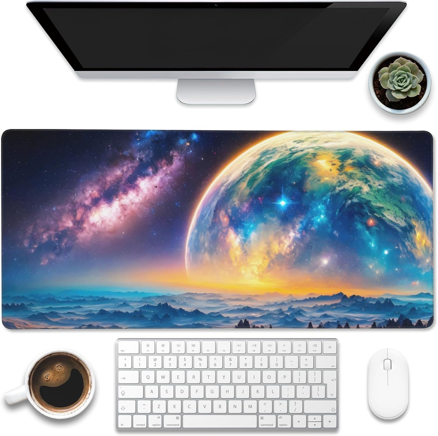 Desk Mat,Galaxy Earth Planet Desk Pad,Science Fiction Cosmic Large Gaming Mouse Pad for Desk,Extended Big Computer Keyboard Mouse Pad with Non-Slip Base and Stitched Edge,35.4"x15.7"