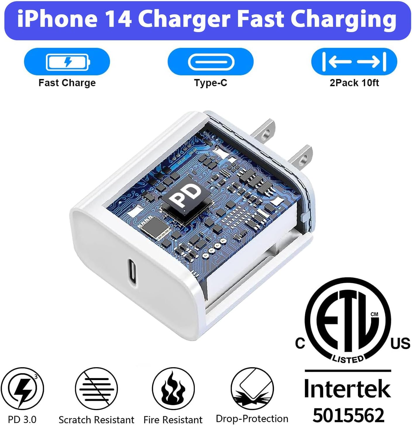 10FT iPhone Fast Charger,2Pack[Apple MFi Certified]iPhone Fast Charging USB C Blocks Wall Charger PD Adapter with Long 10 Foot USB C to Lightning Cable for i Phone14/13/12/11Pro Max/XS/SE/AirPods,iPad