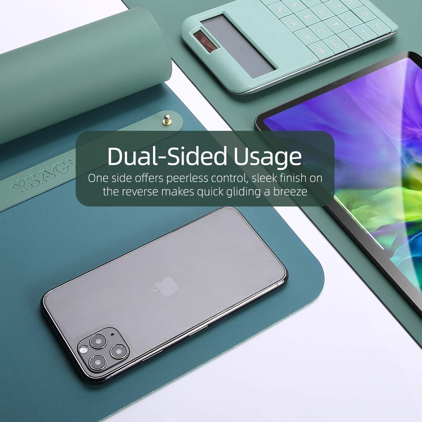 YSAGi Desk Pad, Desk Mat, 31.5" x 15.7" Dual-Sided Laptop Desk Pad Protector, Large Leather Desk Blotter for Keyboard and Mouse, Waterproof Desk Writing Pad for Office(Pistachio Green + Green Blue)