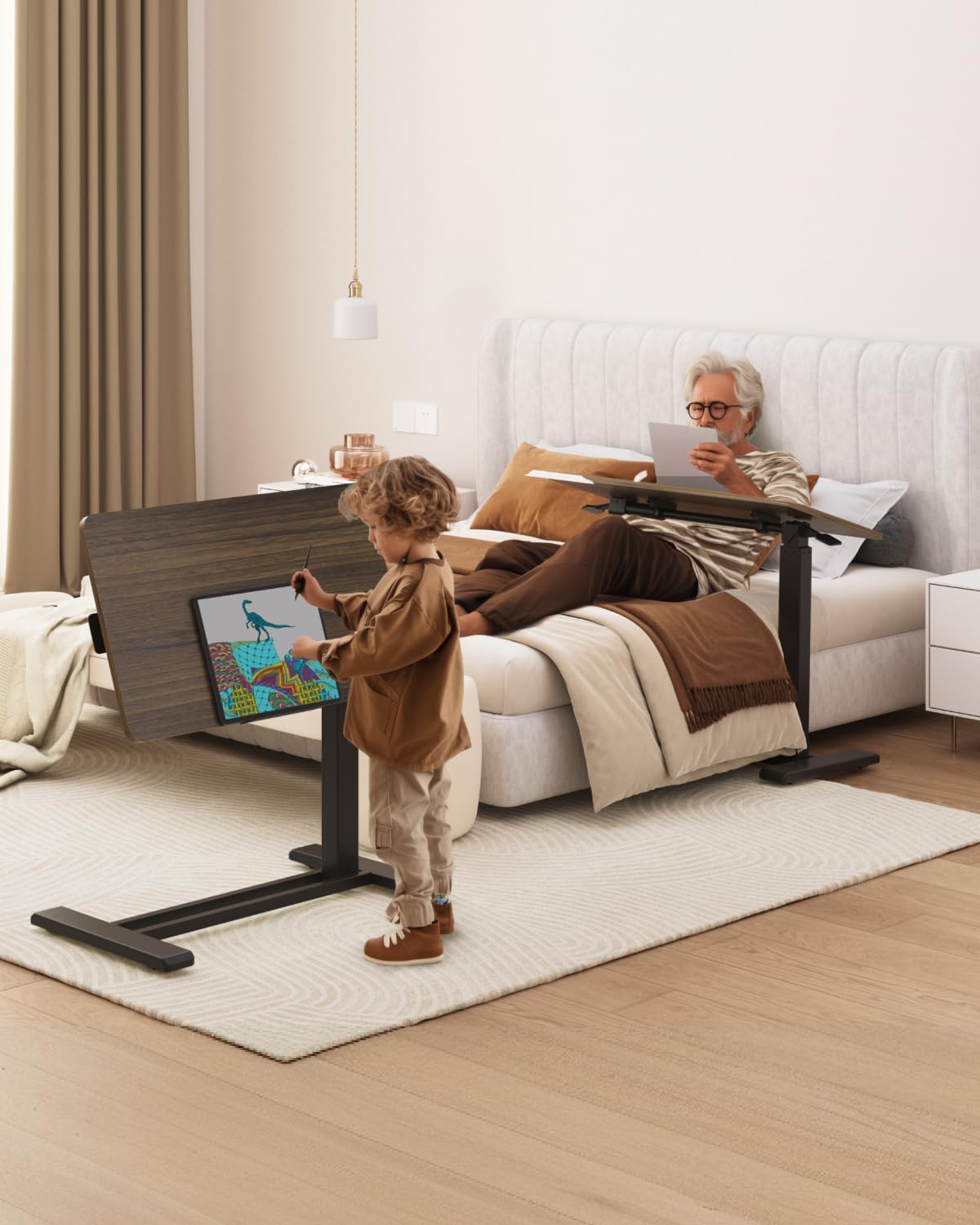 FLEXISPOT H7 PRO Mobile Standing Desk Adjustable Overbed Table Pneumatic with Wheels 90°Tiltable Portable Laptop Desk Rolling Computer Cart Foldable Bedside Table(31.5" W x 17.7" D, Rustic Brown)