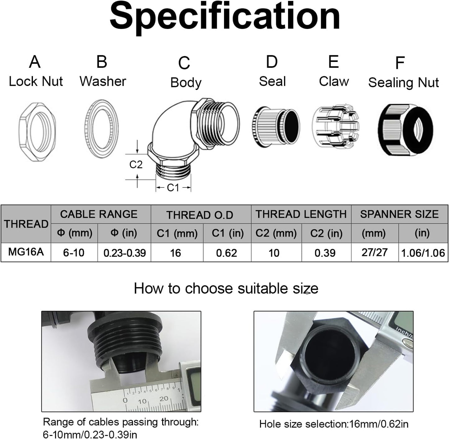 LeMotech M16 Cable Gland, 90 Degree Adjustable 6-10mm Strain Relief, Cord Connectors Nylon Joints with Gaskets, 6 Pcs, Black