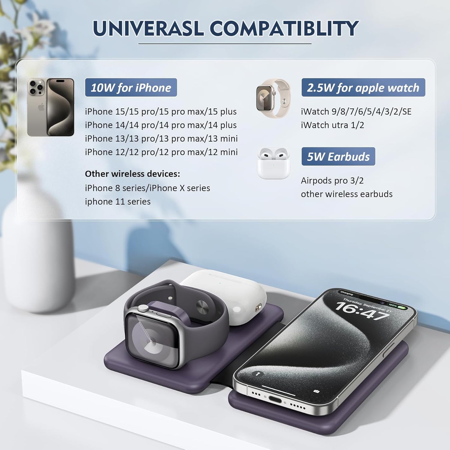 Wireless Charger iPhone - 3 in 1 Charging Station for Apple Devices for iPhone 16 15 14 13 12 Pro Max Plus - Foldable Magnetic Charging Pad for Apple Watch Series & Airpods Series