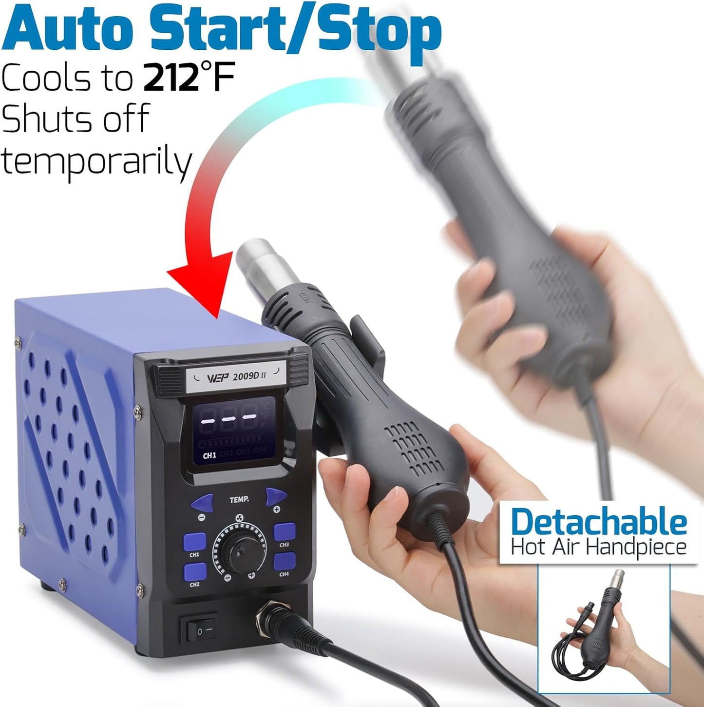 WEP 2009D-II Hot Air Soldering Station, Hot Air Rework Station with Detachable Soldering Heat Gun, 4 Preset Channels, Digital LED Display, Adjustable Temperature 212-896°F, PID Temp Stabilization