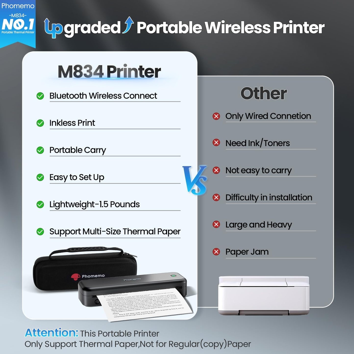 Phomemo Portable Printers Wireless for Travel Upgraded, M834 Bluetooth Thermal Printer 8.5" x 11"& A4 Size,Inkless Mobile Printer with Carry Case for Travel,Office,School,Car,Home,Black