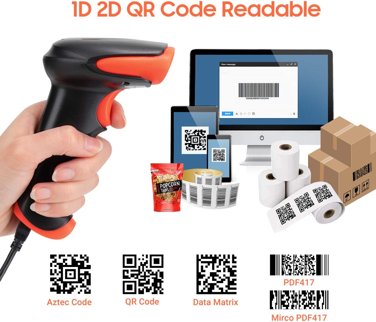 Tera Pro Wireless 2D QR Barcode Scanner 3 in 1 Bluetooth & 2.4GHz Wireless & USB Wired Connection Connect Smart Phone Tablet PC Image Bar Code Reader with Vibration Alert Model HW0002-O