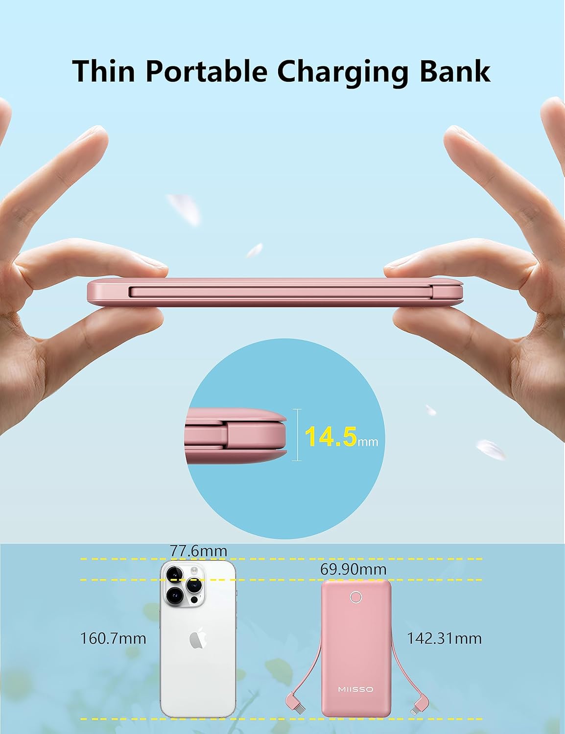 miisso 10000mAh Slim Portable Charger with Built in Cable, Power Bank Travel Charger External Battery Pack for Phone, 4 Output USB Type C Cord Clutch Charger Compatible with iPhone, Light Pink‌