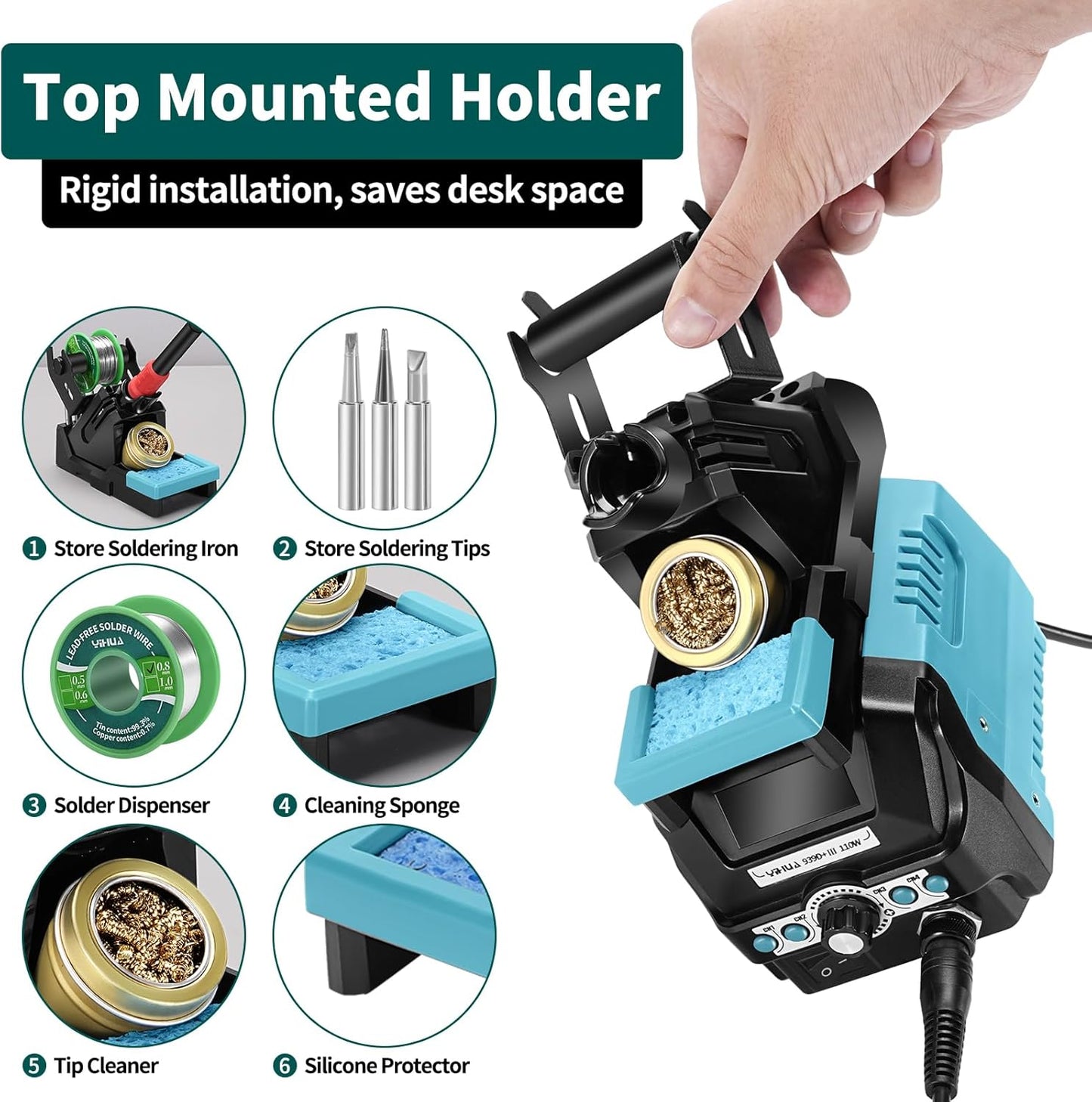 YIHUA 939D+ III EVO Digital Soldering Iron Station Kit 110W High Power with LCD display, 4 Memory Channels, Sleep Mode, Digital Calibration, Solder Wire, Helping Hands, Magnifier, 3 Soldering Tips