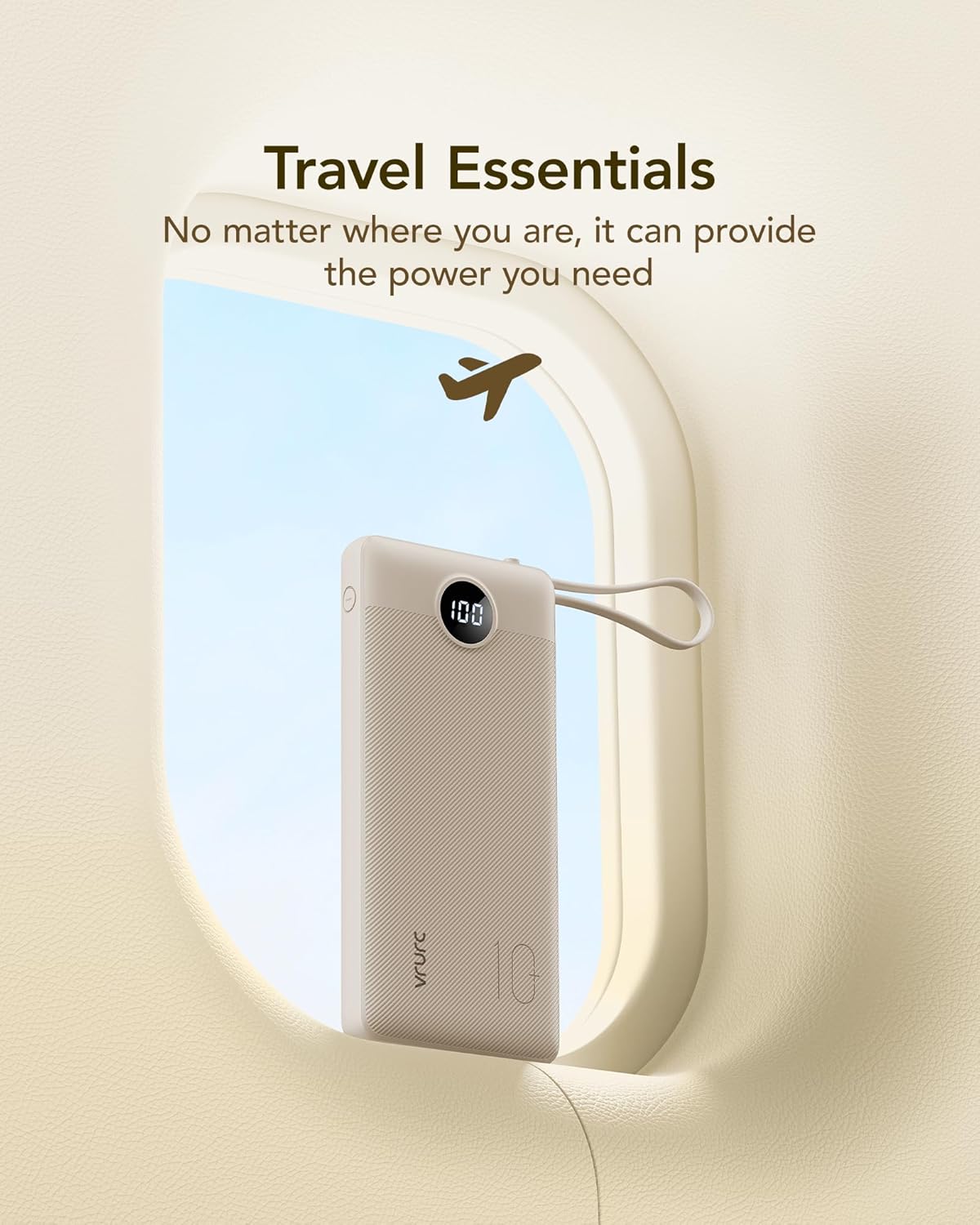 VRURC Portable Charger Power Bank,10000mAh Travel Essentials Battery Pack, 5 Outputs 2 Inputs Slim USB C Charging Bank Built-in Cables Cords Compatible with iPhone,Samsung,Android-Light Coffee(1 Pack)