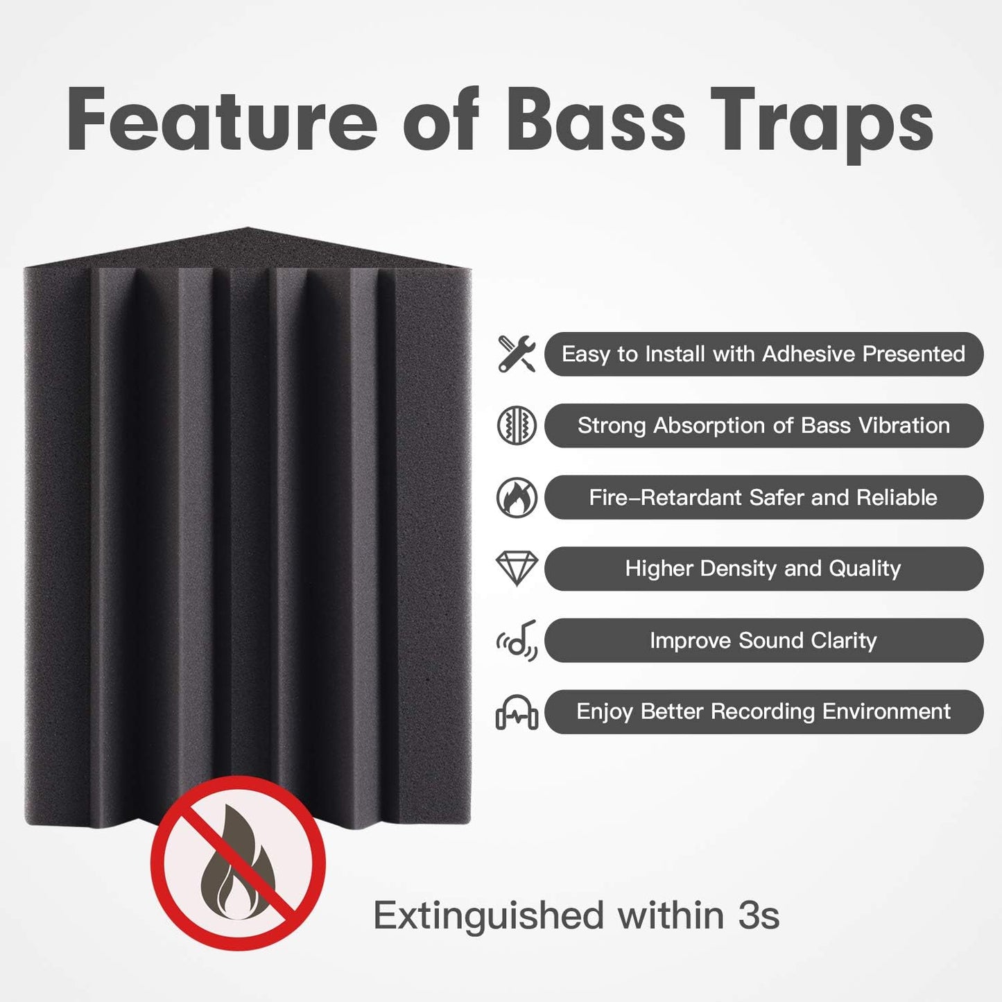 8 Pack - Bass Traps Acoustic Foam Corner, 8''x8''x12'' Black Bass Traps Corner Studio Foam, High Density and Fire-Proof Bass Traps Acoustic Panels Recording Studio Acoustical Treatments