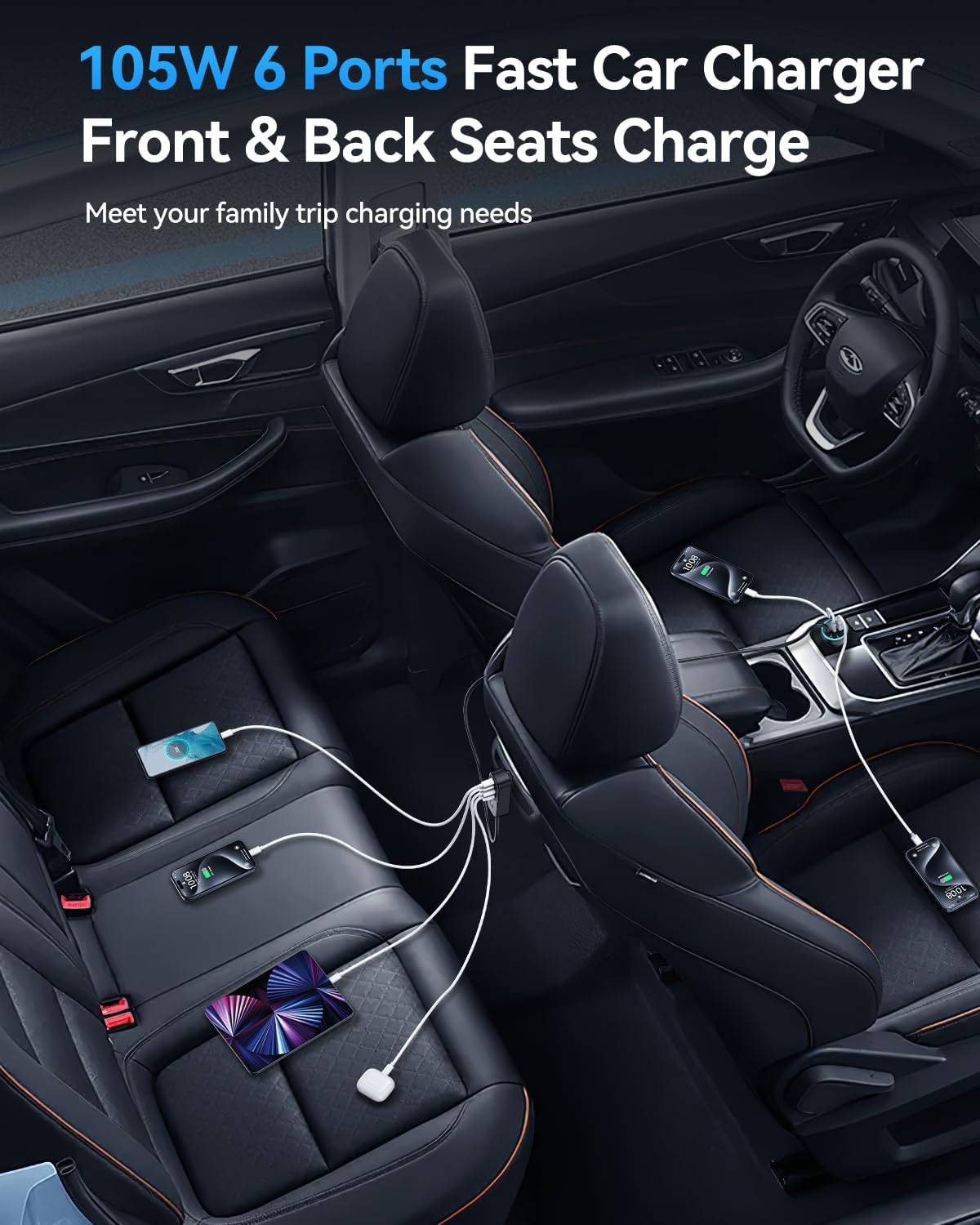 Rocoren 105W 6-Port Multiport Car Charger, PD Fast USB C Car Charger for Multiple Devices,Cigarette Lighter Adapter Car Travel Essentials for Road Trips with 5FT Cable,Car Accessories for iPhone 16/15