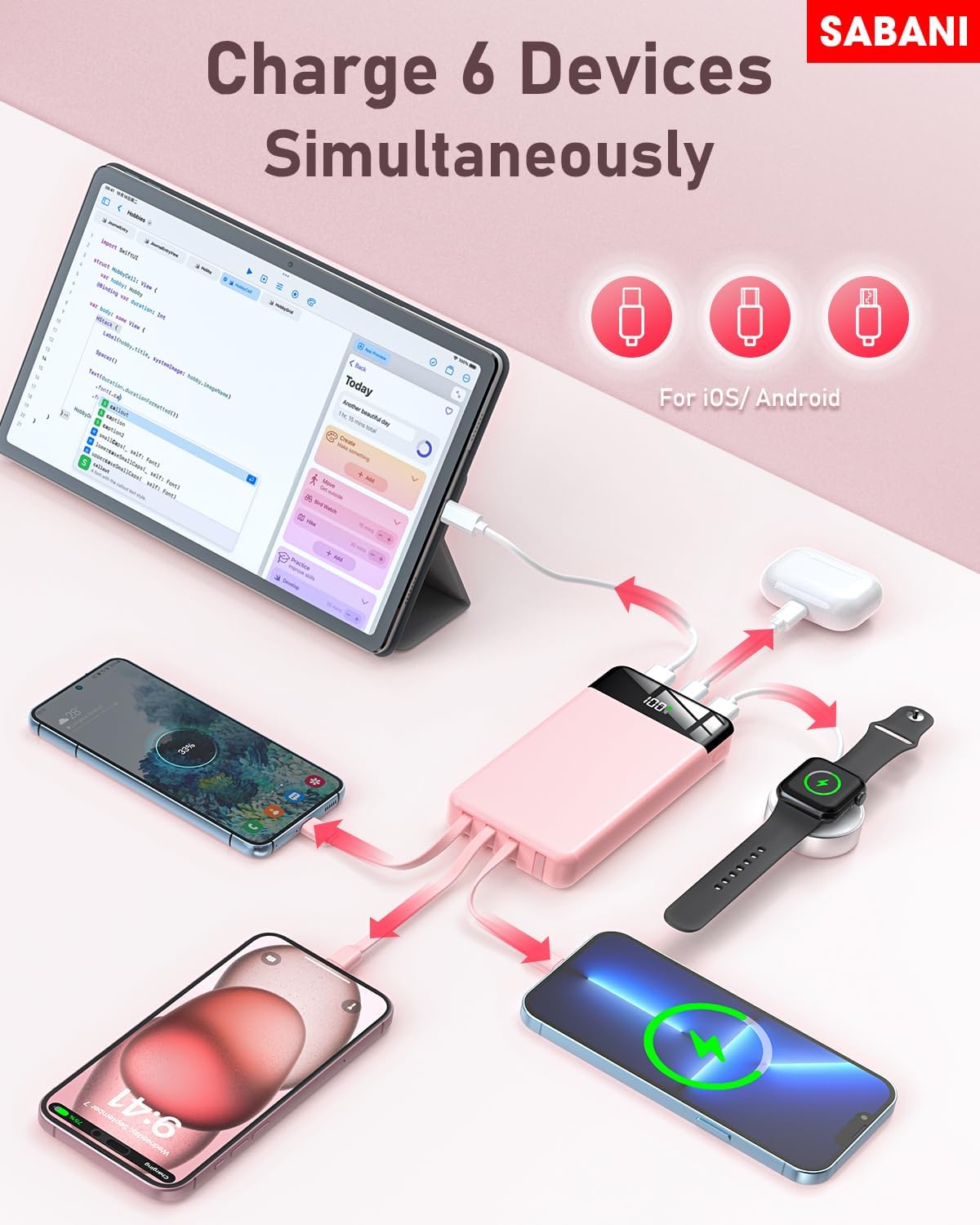 SABANI Portable Charger 35000mAh Power Bank - Portable Battery with 4 Built in Cables, 22.5W Fast Charging Battery Pack Compatible with iPhone 16 15 14 13 Samsung Android Phone etc (1 Pack, Pink)