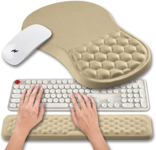 Hokafenle 2 in 1 Ergonomic Mouse Pad Wrist Support & Wrist Rest for Computer Keyboard Set, with Relieve Carpal Tunnel Pain Massage Bulge and Full Memory Gel Design (2In1 Set, Beige)