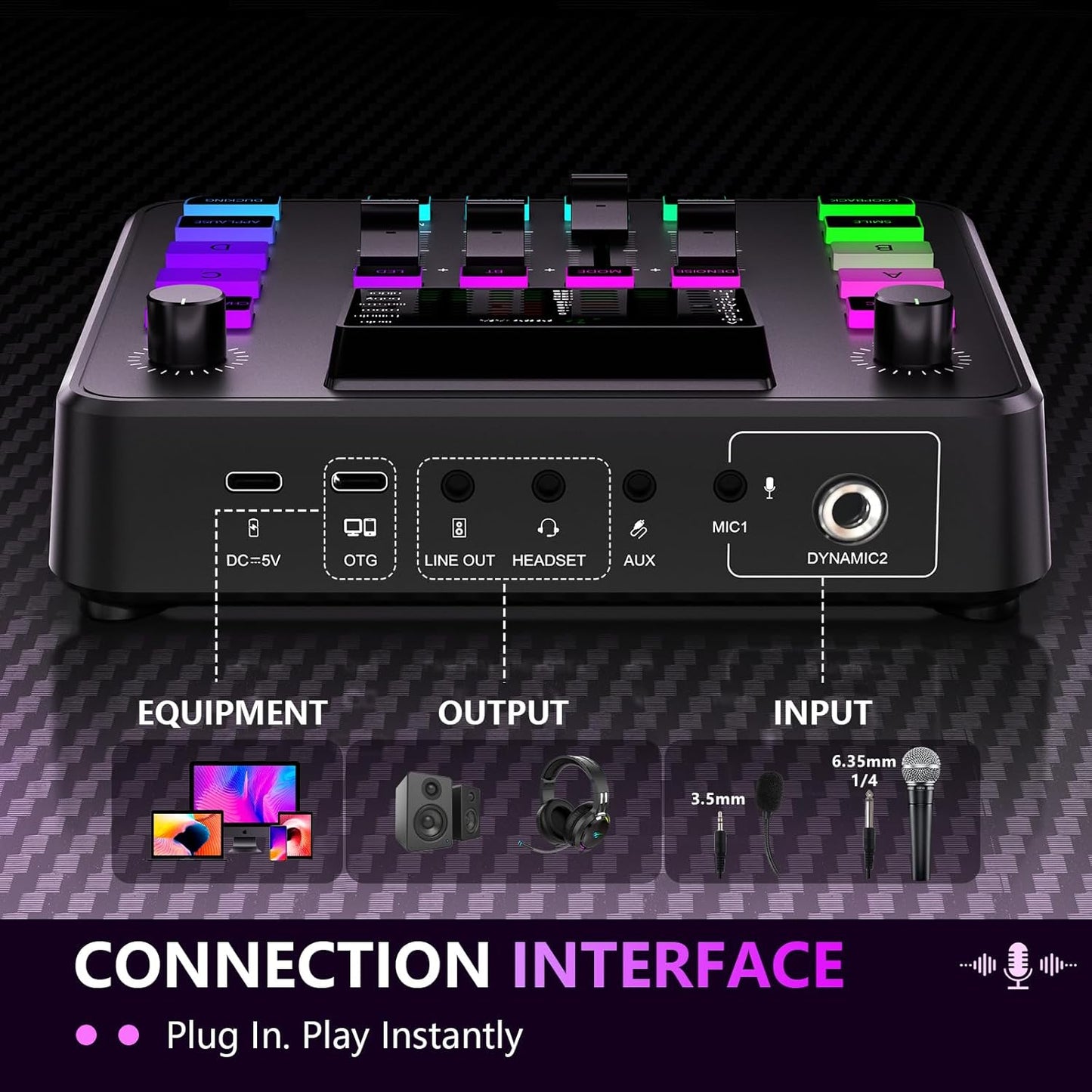 Pupgsis Gaming Audio Mixer, Audio Interface, Sound Board With Pro-Preamp, Noise Cancellation, RGB, Bluetooth, Volume Fader For Streaming/Podcasting/Gaming Maonocaster/Content Create, 6.35mm