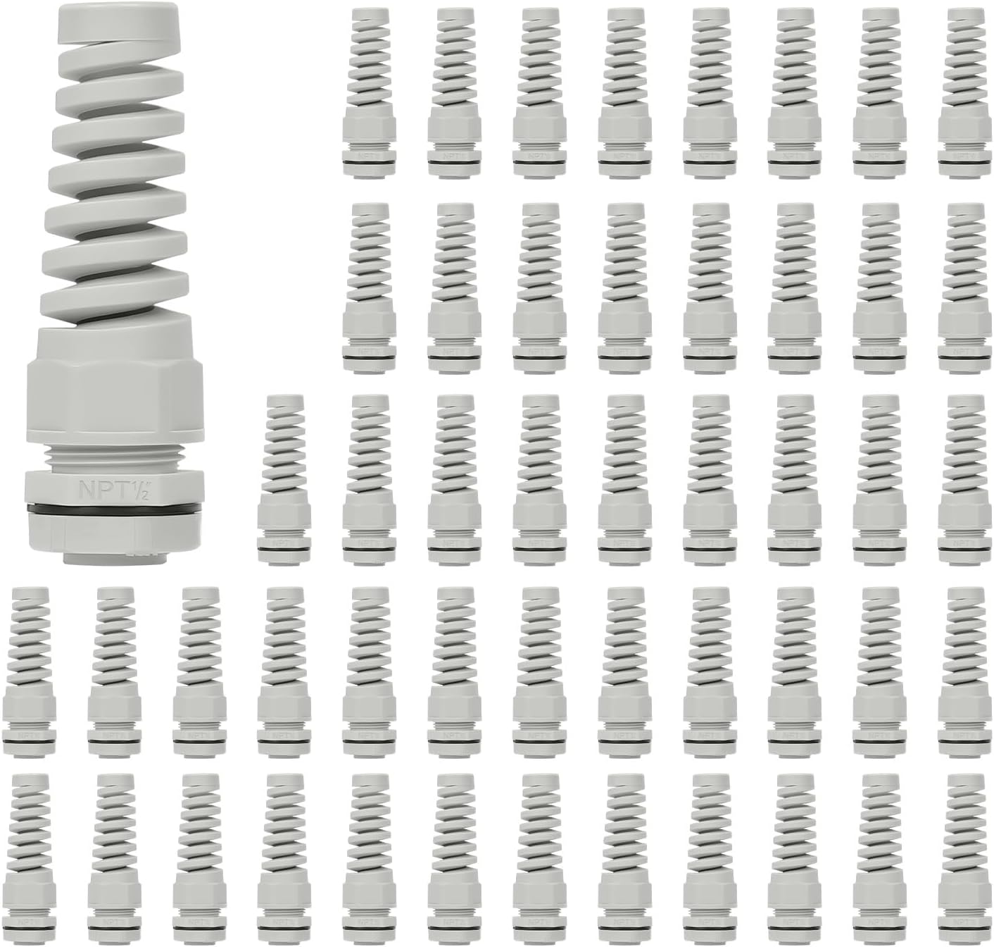LeMotech 50Pcs NPT 1/2" IP68 Waterproof Cable Gland Flex Spiral Strain Relief Grey Nylon Joint with Gaskets for 6-12mm Wire Thread