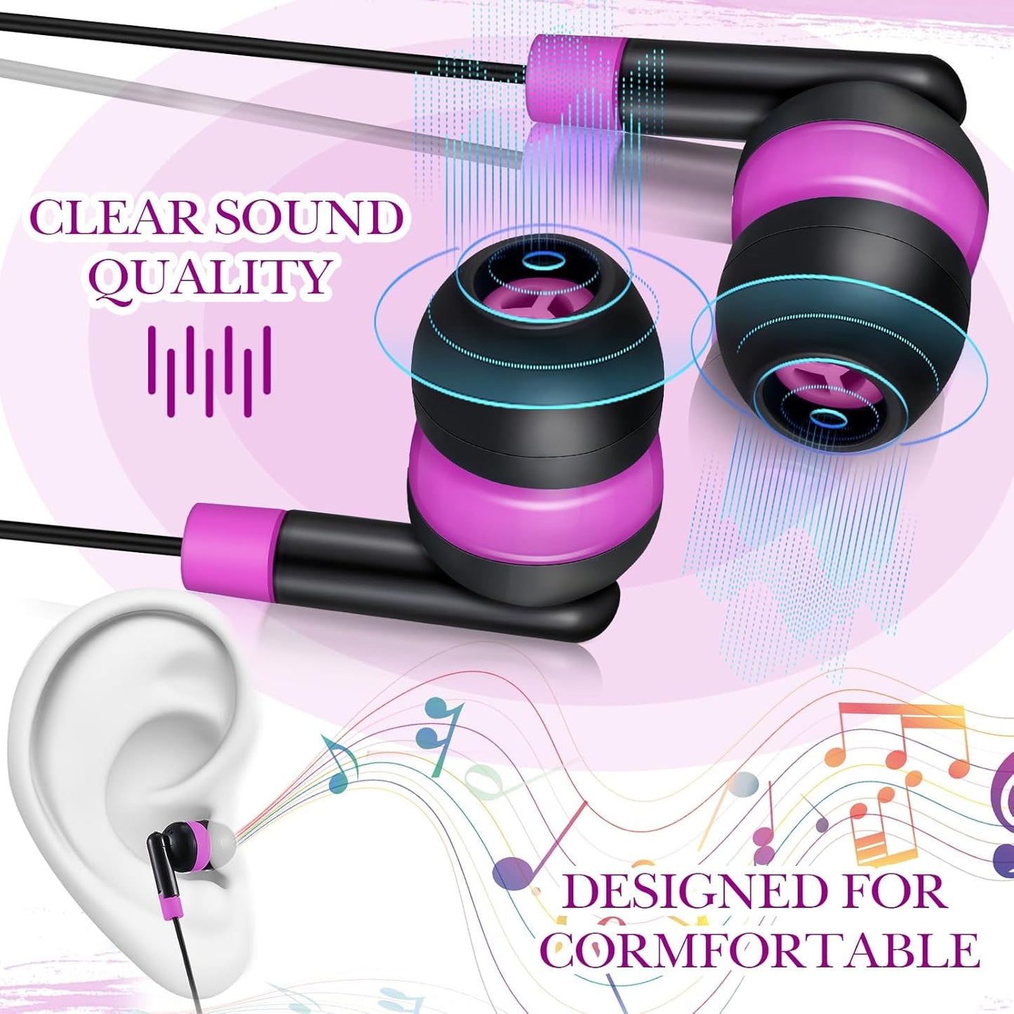 Kanayu 100 Pack Wired Earbuds Bulk for Classroom Ear Headphones Wired Basic Student Earbuds No Microphone with 3.5mm Jack for Kids Class Laptop School Library, Individually Bagged(Pink)